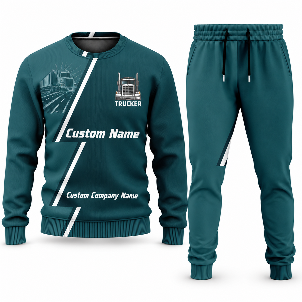 Trucker Diagonal Stripe sweater and jogger combo, teal view with name and company artwork