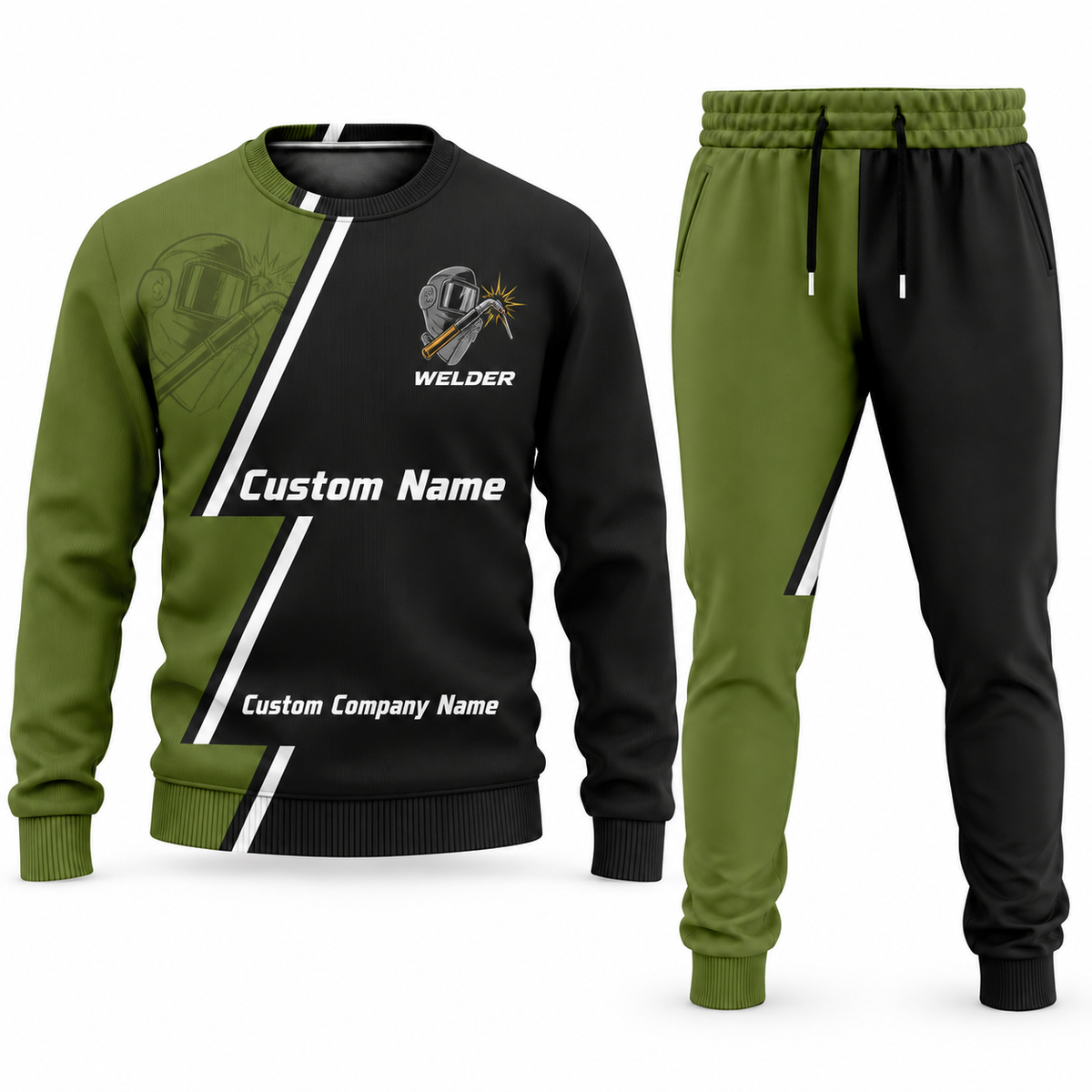 Welder Diagonal Stripe sweater and jogger combo, olive view with name and company artwork