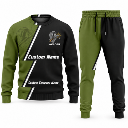 Welder Diagonal Stripe sweater and jogger combo, olive view with name and company artwork