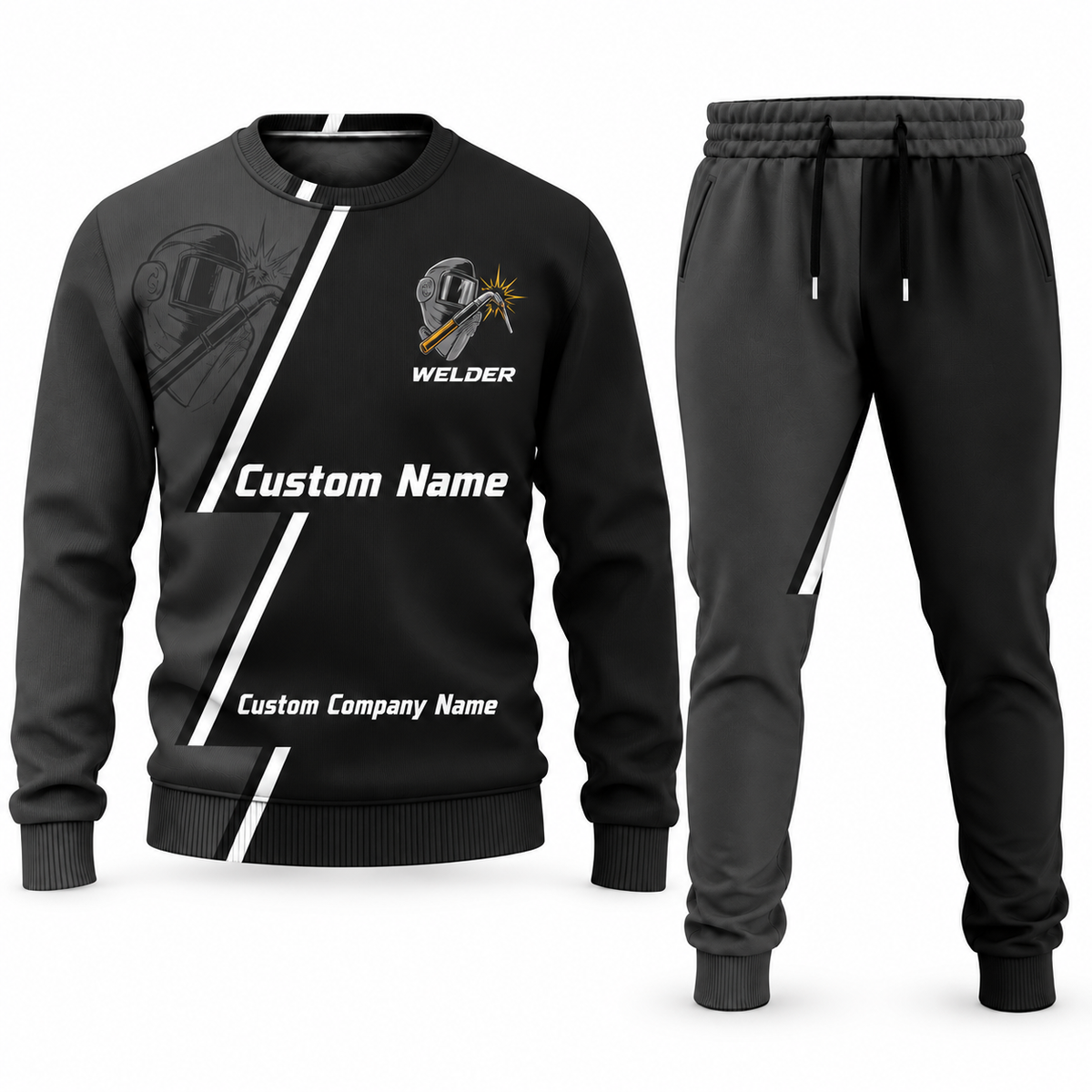 Welder Diagonal Stripe sweater and jogger combo, charcoal view with name and company artwork