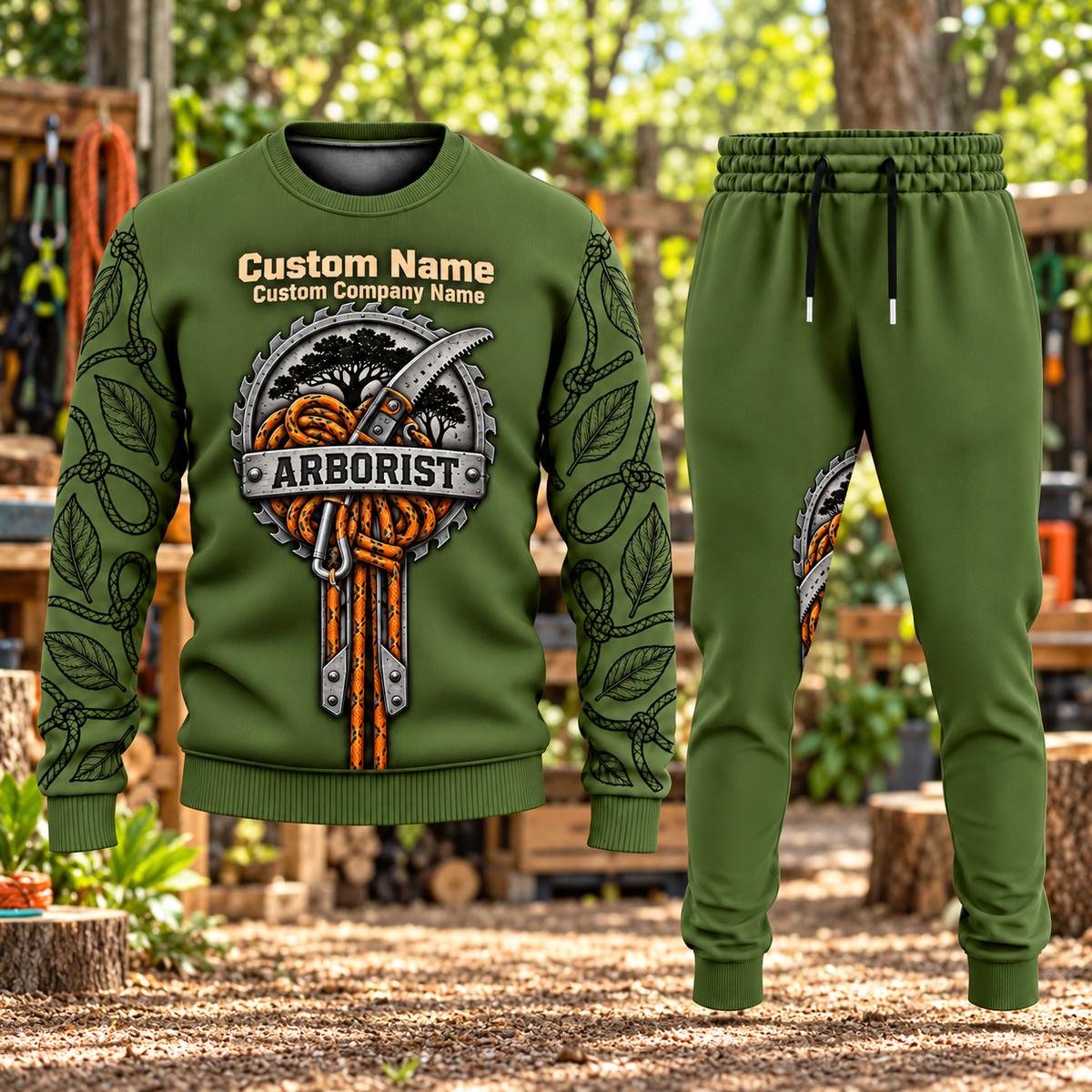 Arborist Central Emblem sweater and jogger combo, hero view with name and company artwork
