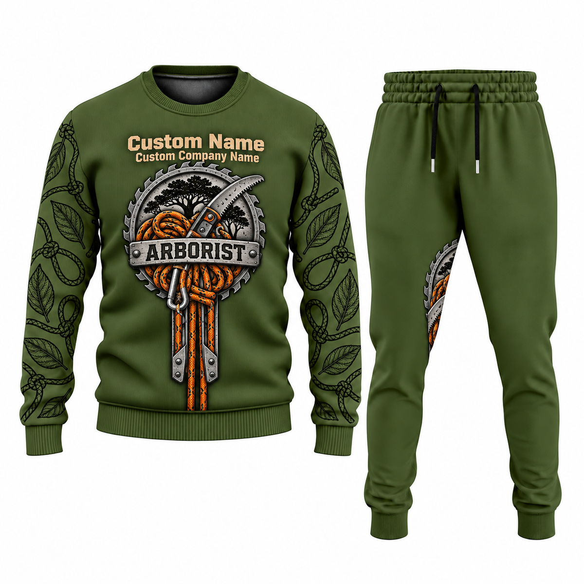 Arborist Central Emblem sweater and jogger combo, olive view with name and company artwork