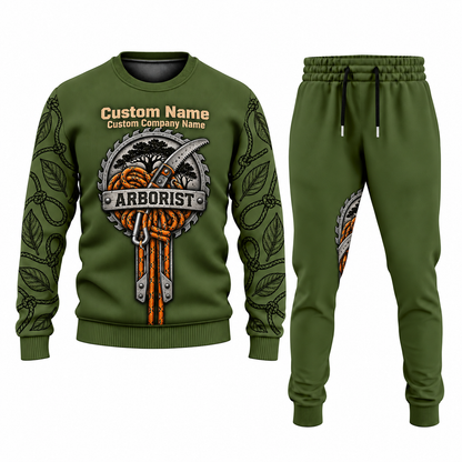 Arborist Central Emblem sweater and jogger combo, olive view with name and company artwork