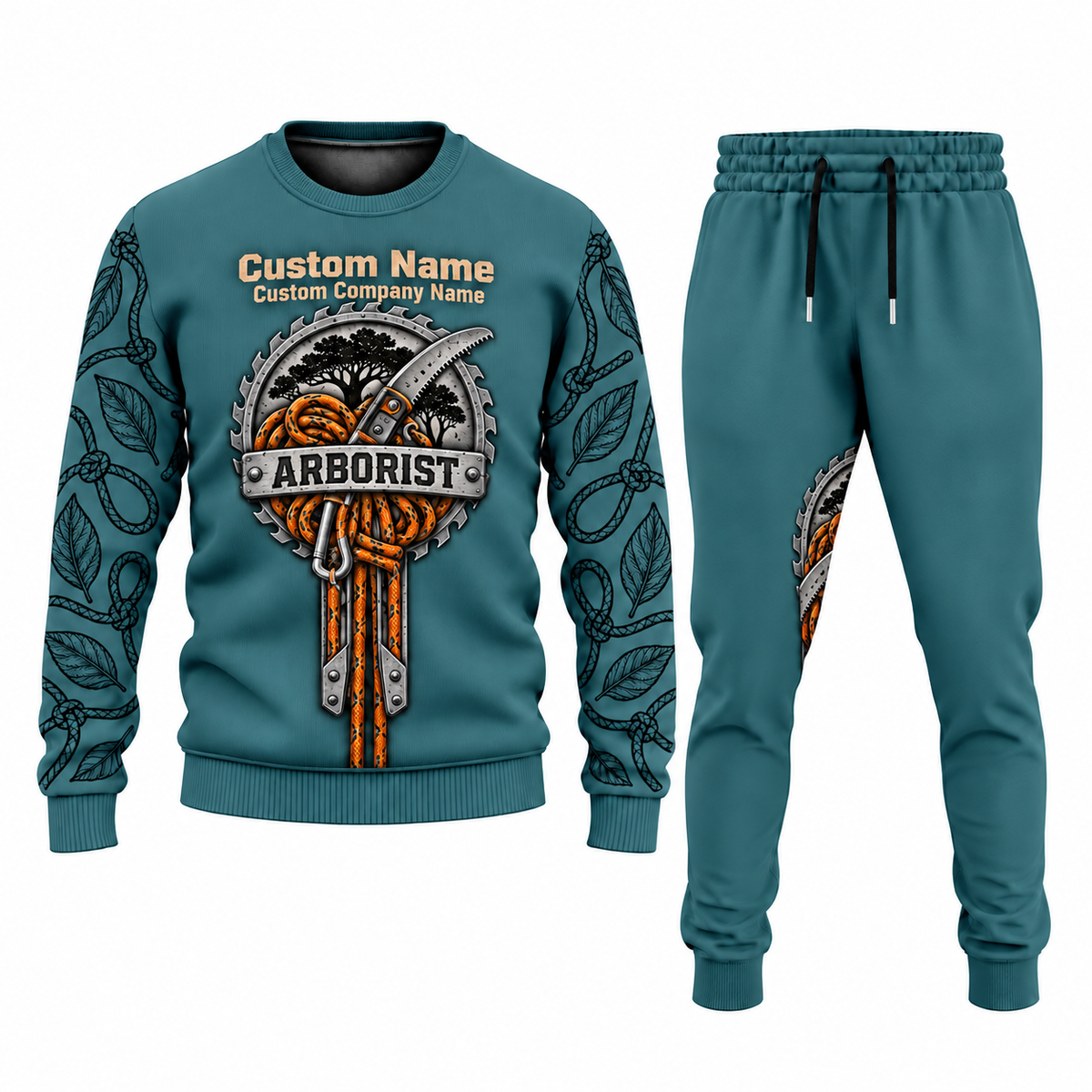 Arborist Central Emblem sweater and jogger combo, teal view with name and company artwork
