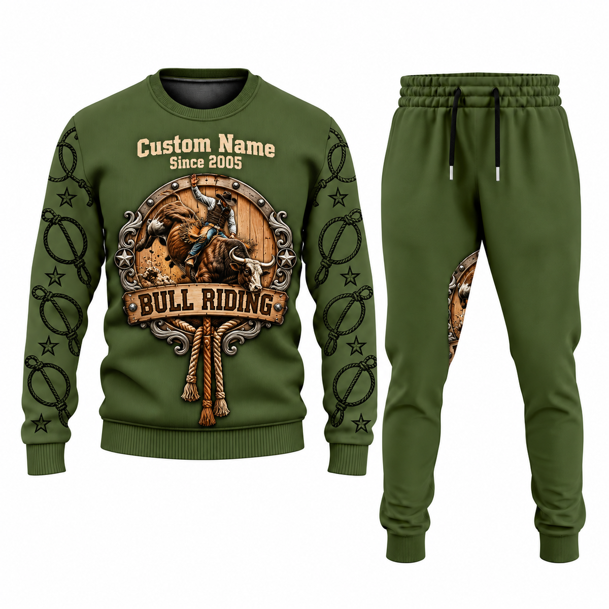 Bull Riding Central Emblem sweater and jogger combo, olive view with name and Since 2005 artwork