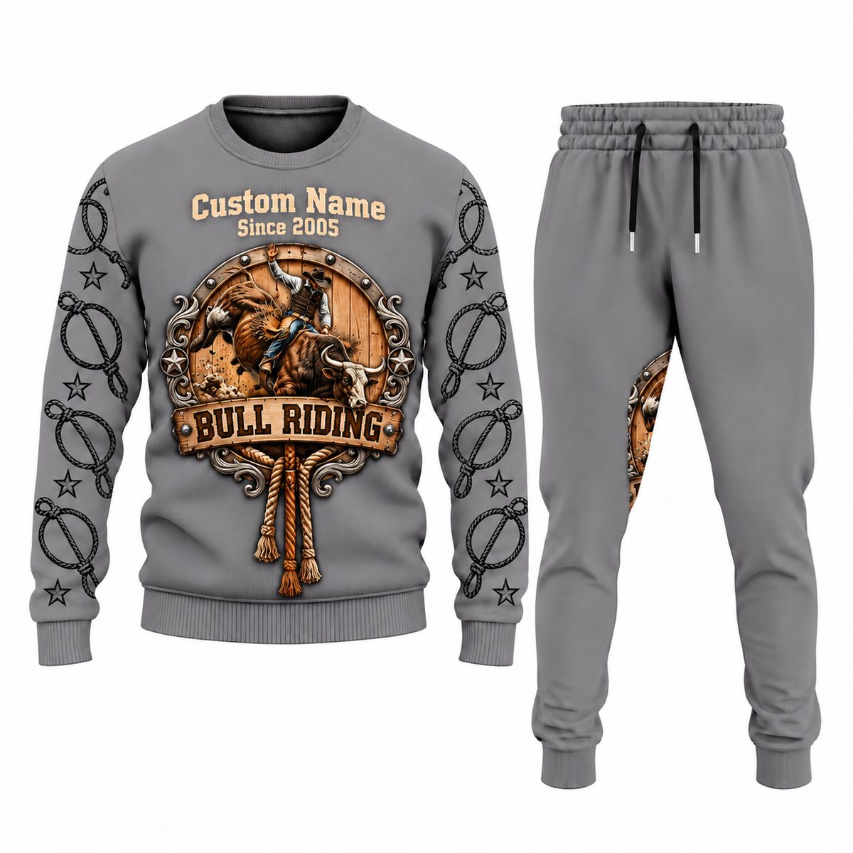 Bull Riding Central Emblem sweater and jogger combo, gray view with name and Since 2005 artwork