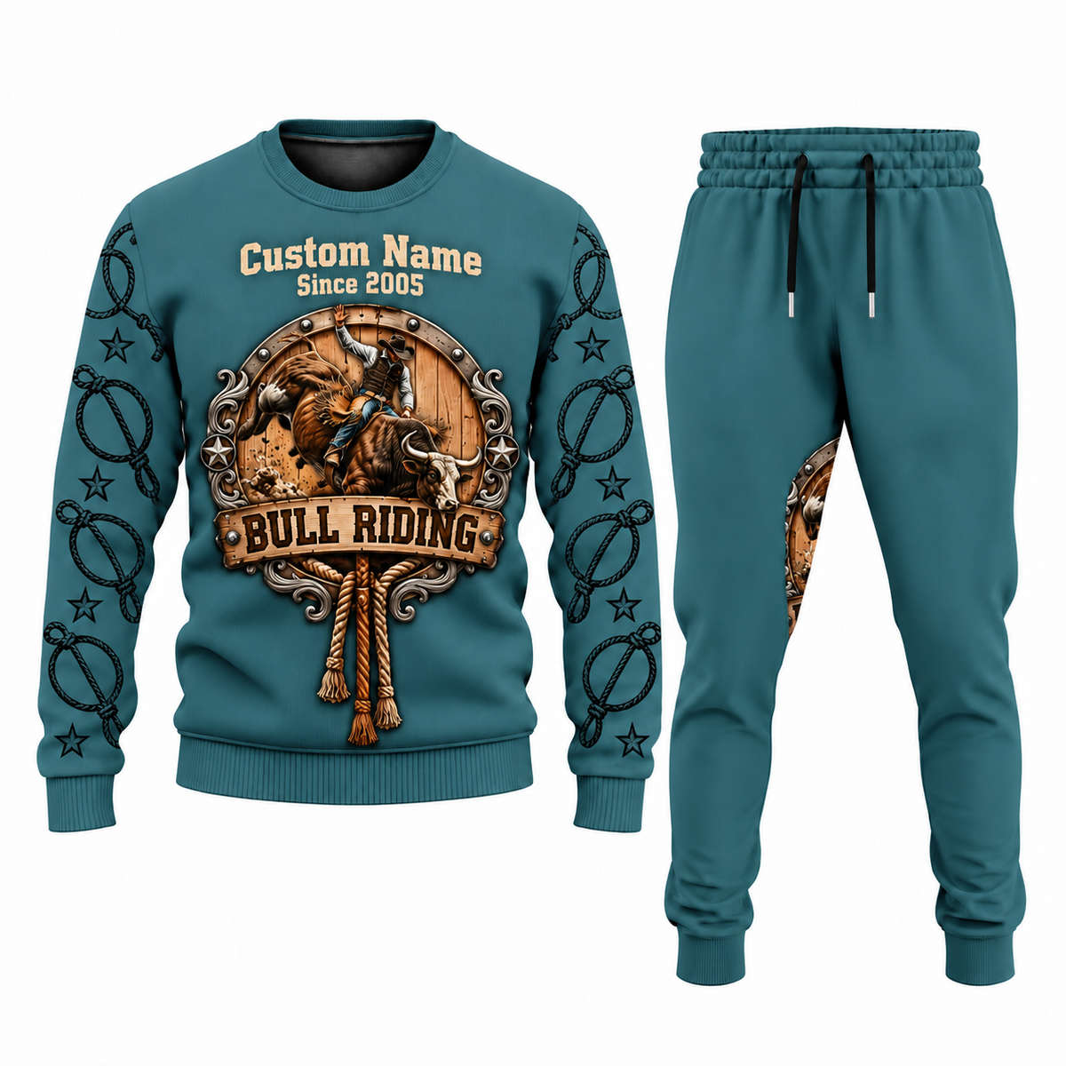 Bull Riding Central Emblem sweater and jogger combo, teal view with name and Since 2005 artwork