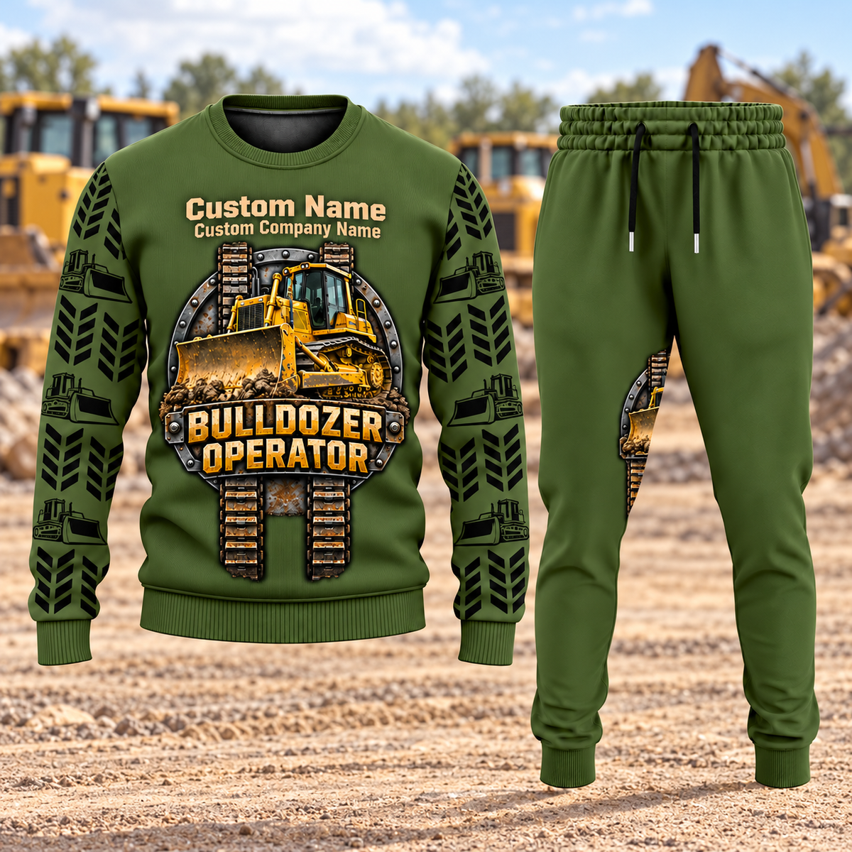 Bulldozer Operator Central Emblem sweater and jogger combo, hero view with name and company artwork