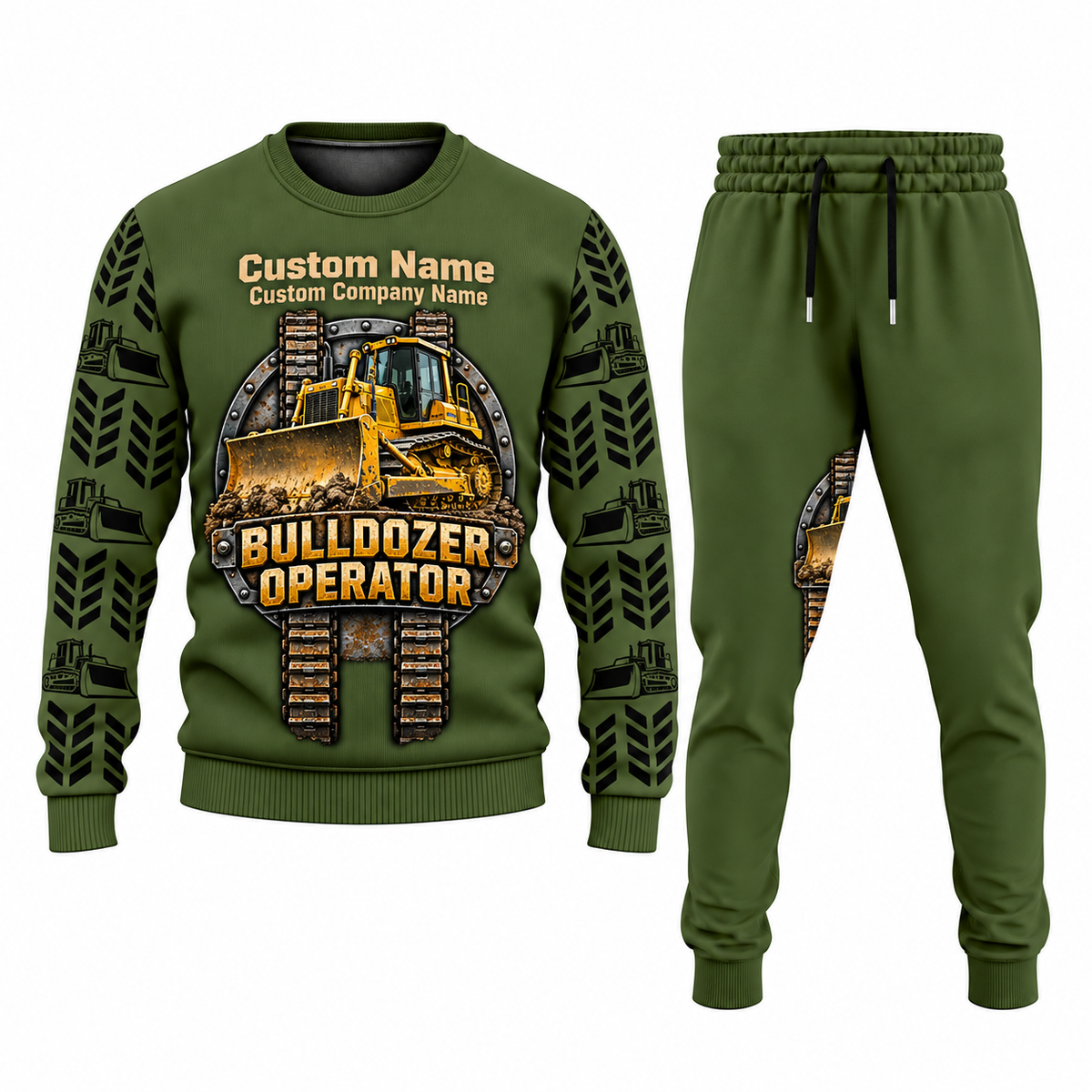 Bulldozer Operator Central Emblem sweater and jogger combo, olive view with name and company artwork
