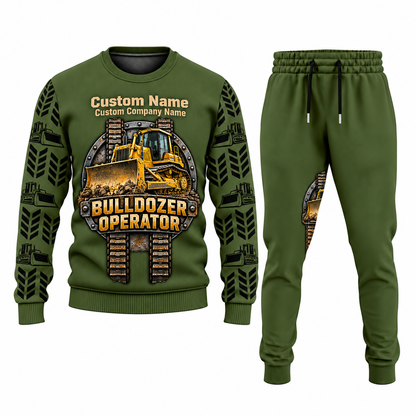 Bulldozer Operator Central Emblem sweater and jogger combo, olive view with name and company artwork