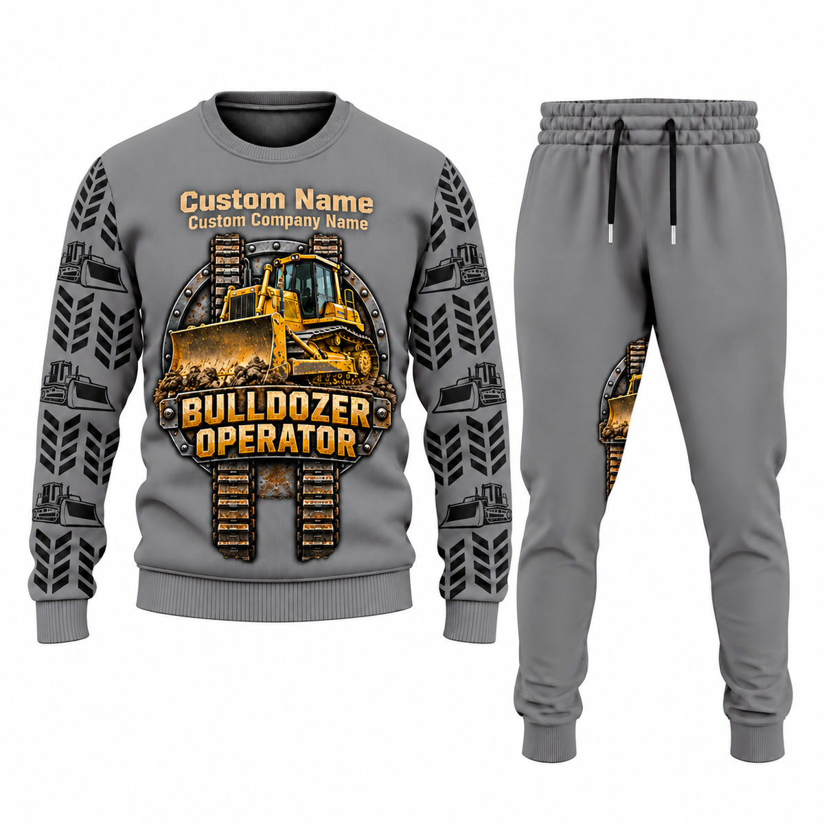 Bulldozer Operator Central Emblem sweater and jogger combo, gray view with name and company artwork