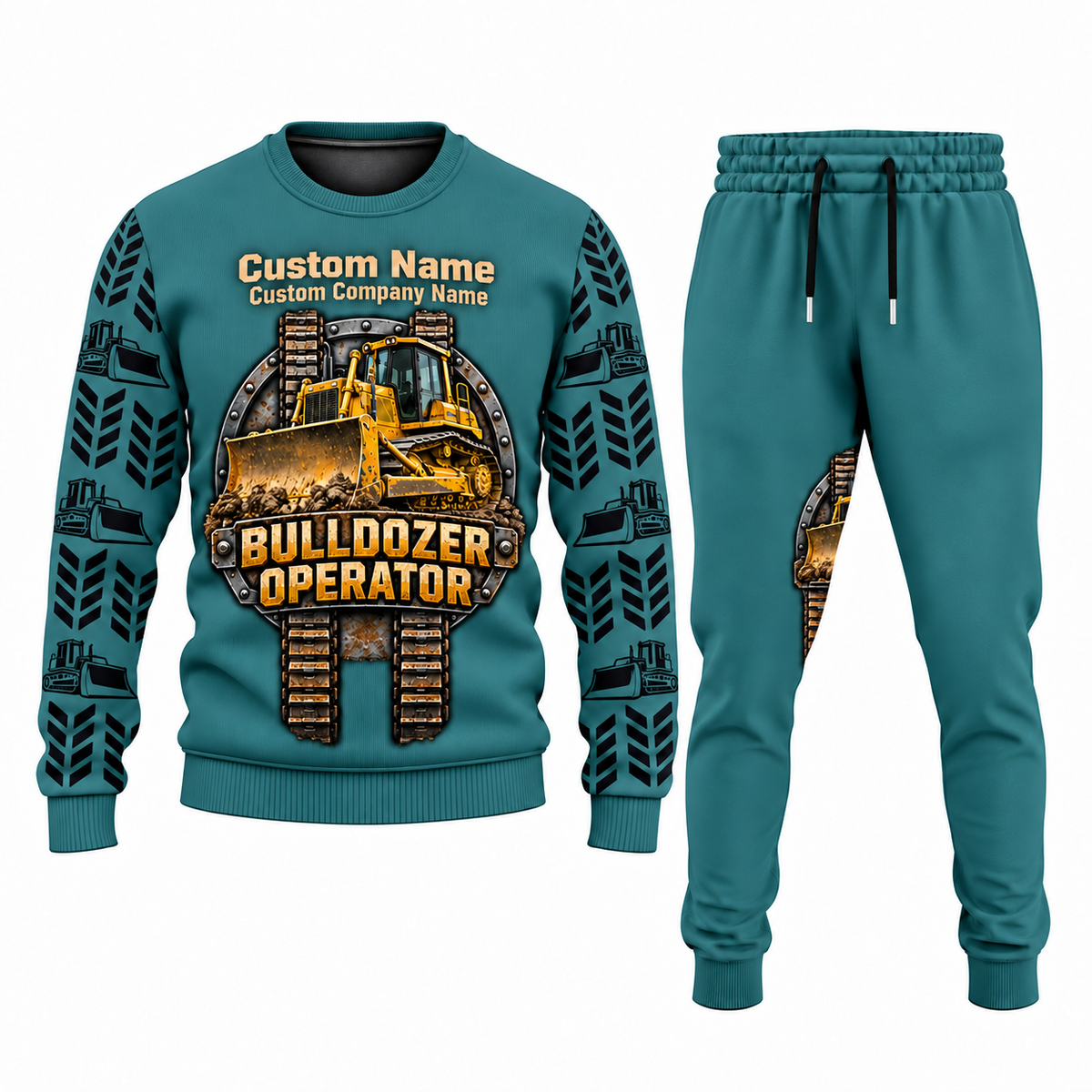 Bulldozer Operator Central Emblem sweater and jogger combo, teal view with name and company artwork