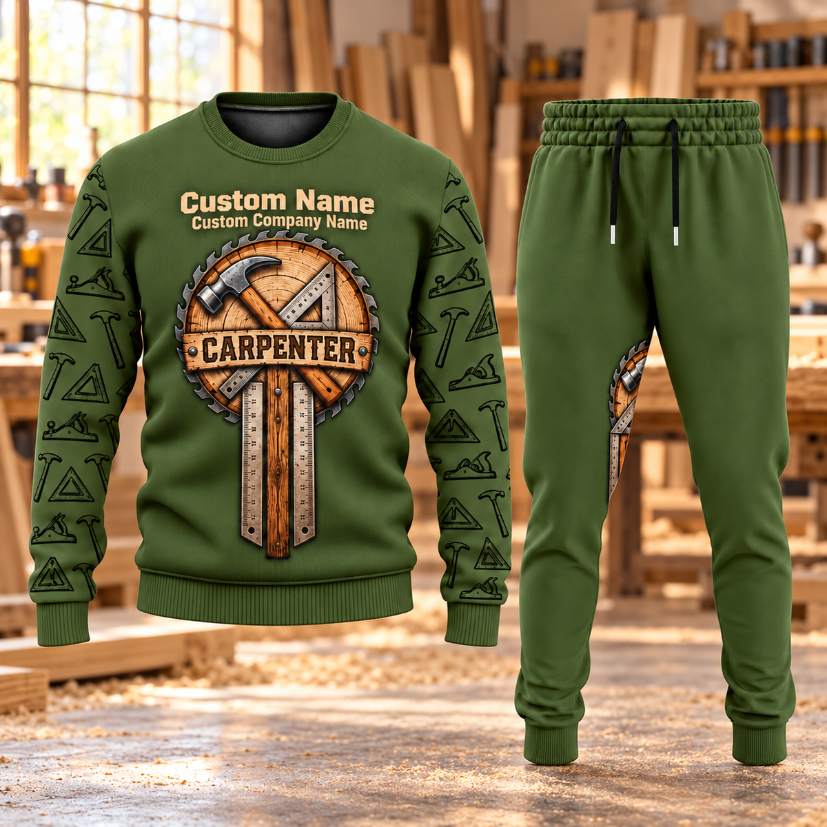 Carpenter Central Emblem sweater and jogger combo, hero view with name and company artwork