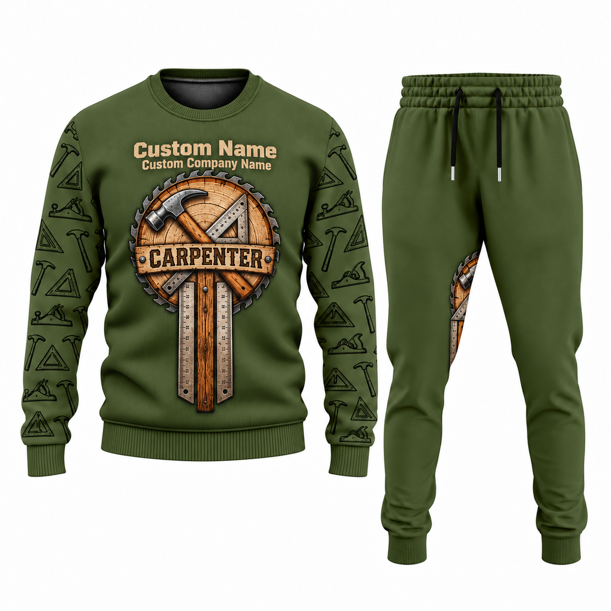 Carpenter Central Emblem sweater and jogger combo, olive view with name and company artwork