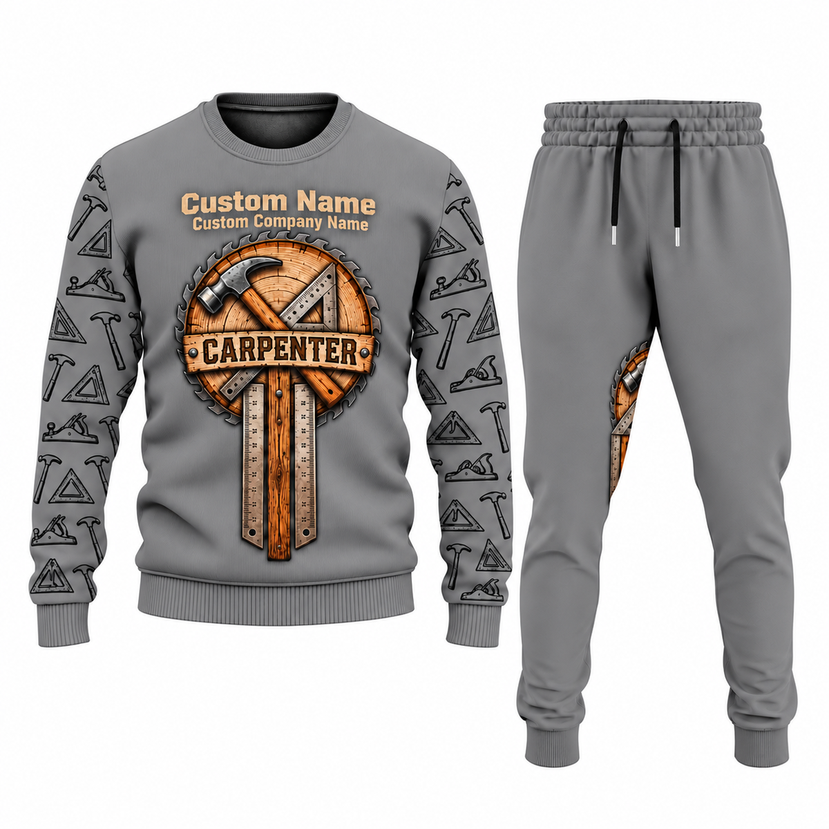 Carpenter Central Emblem sweater and jogger combo, gray view with name and company artwork