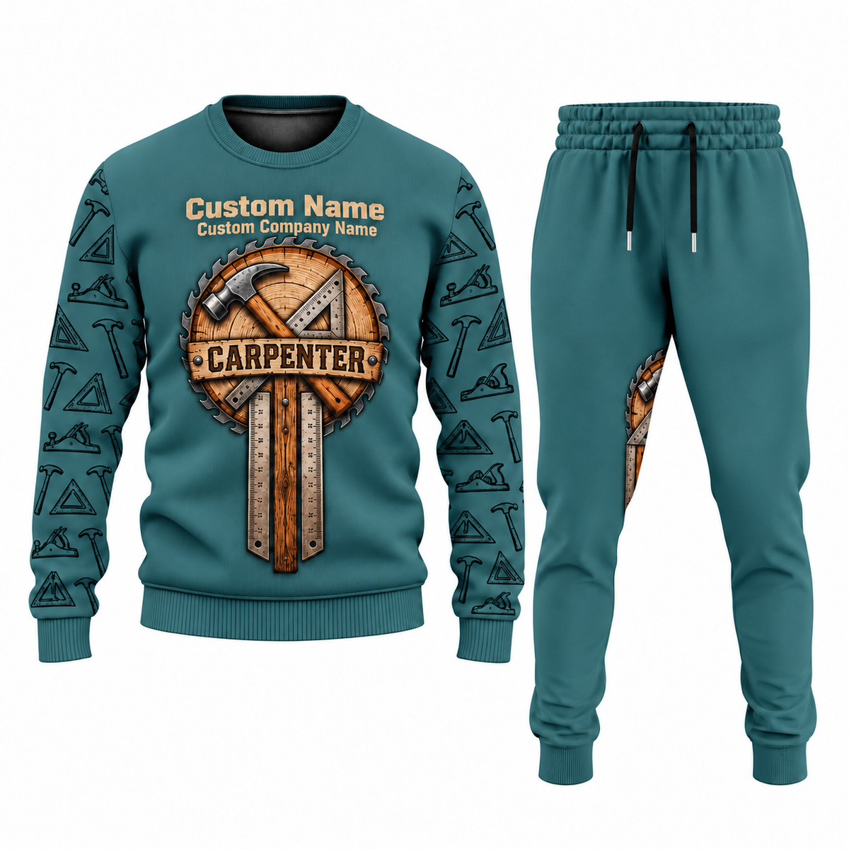 Carpenter Central Emblem sweater and jogger combo, teal view with name and company artwork