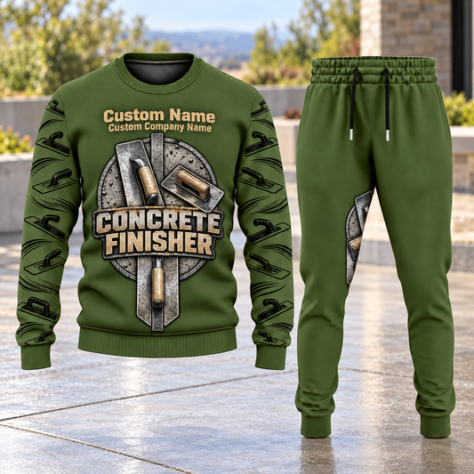 Concrete Finisher Central Emblem sweater and jogger combo, hero view with name and company artwork