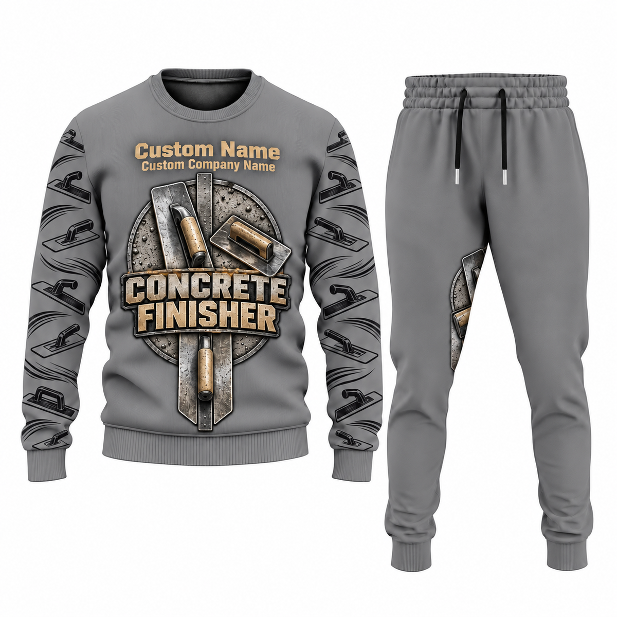 Concrete Finisher Central Emblem sweater and jogger combo, gray view with name and company artwork