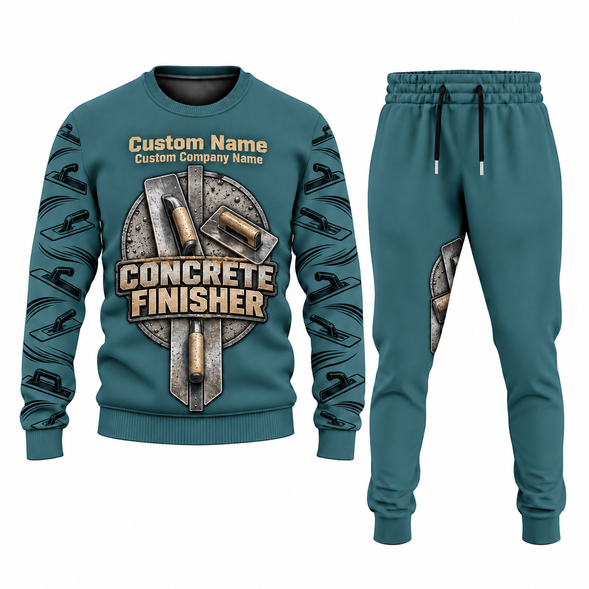 Concrete Finisher Central Emblem sweater and jogger combo, teal view with name and company artwork