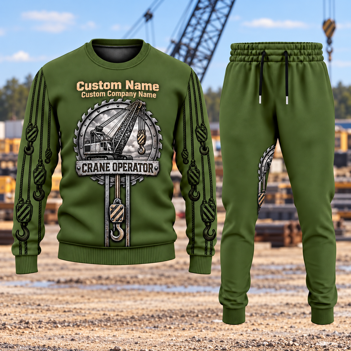 Crane Operator Central Emblem sweater and jogger combo, hero view with name and company artwork