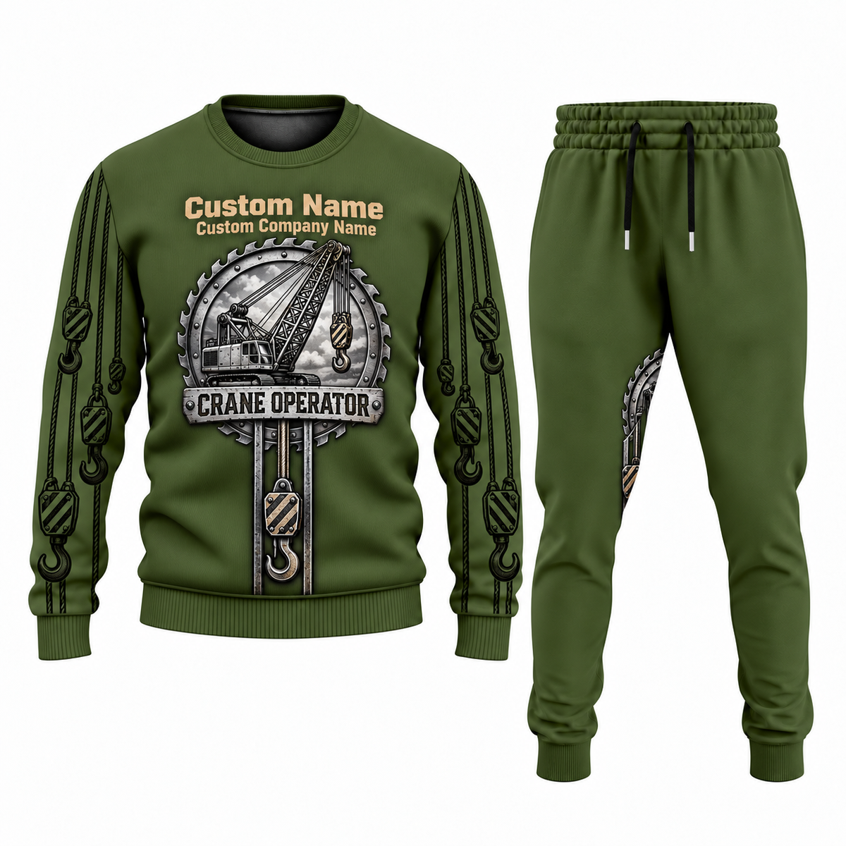 Crane Operator Central Emblem sweater and jogger combo, olive view with name and company artwork