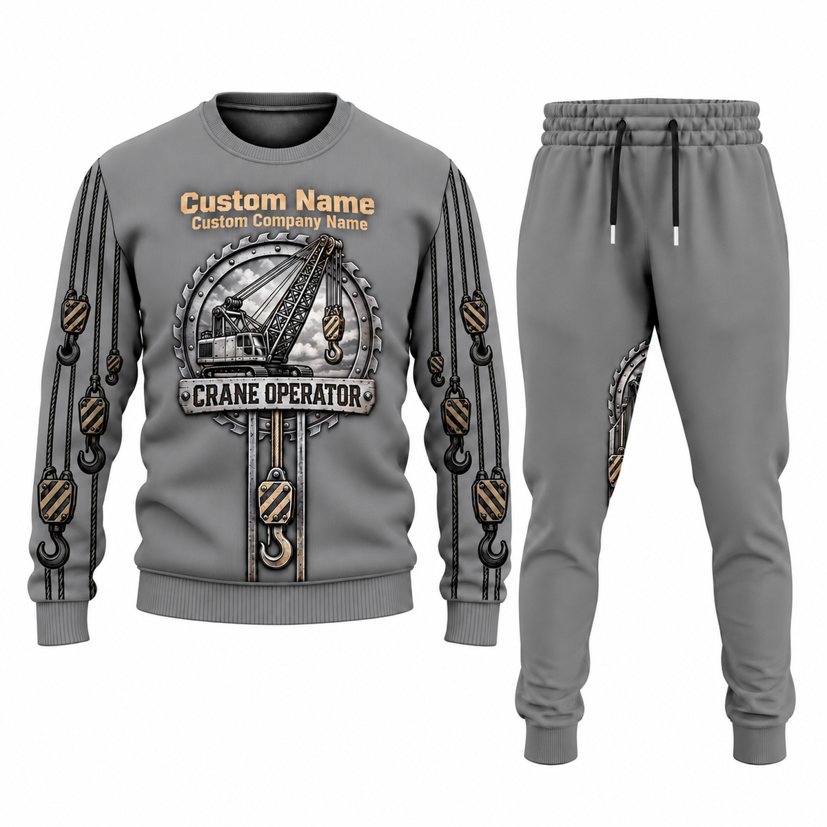 Crane Operator Central Emblem sweater and jogger combo, gray view with name and company artwork