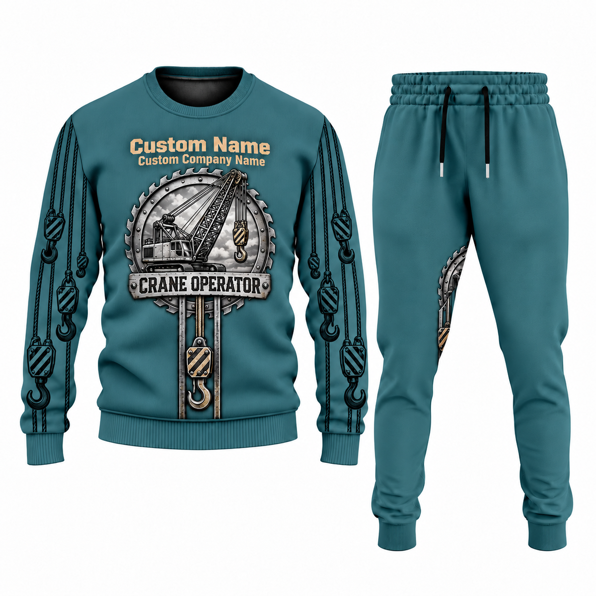 Crane Operator Central Emblem sweater and jogger combo, teal view with name and company artwork