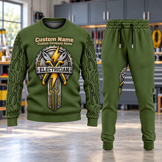 Electrician Central Emblem sweater and jogger combo, hero view with name and company artwork