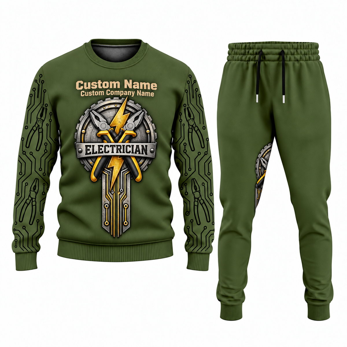 Electrician Central Emblem sweater and jogger combo, olive view with name and company artwork