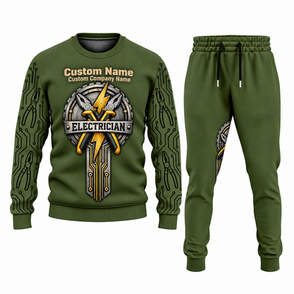 Electrician Central Emblem sweater and jogger combo, olive view with name and company artwork