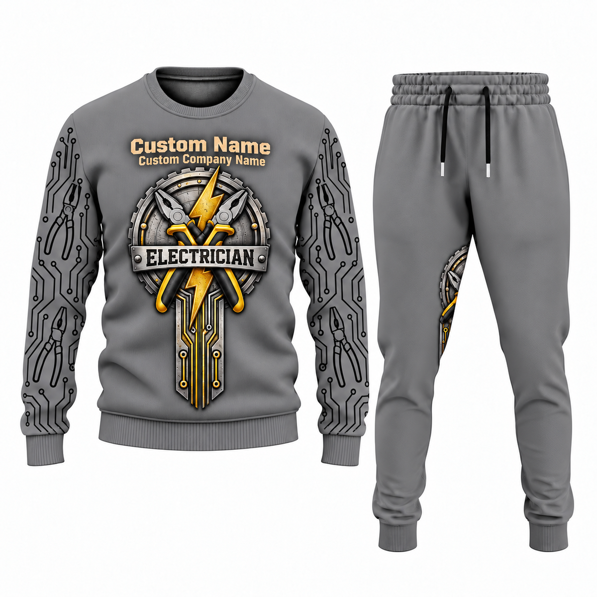 Electrician Central Emblem sweater and jogger combo, gray view with name and company artwork