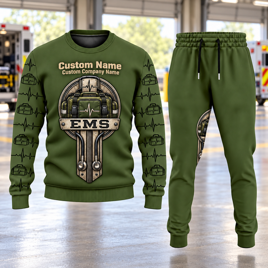 EMS Central Emblem sweater and jogger combo, hero view with name and company artwork