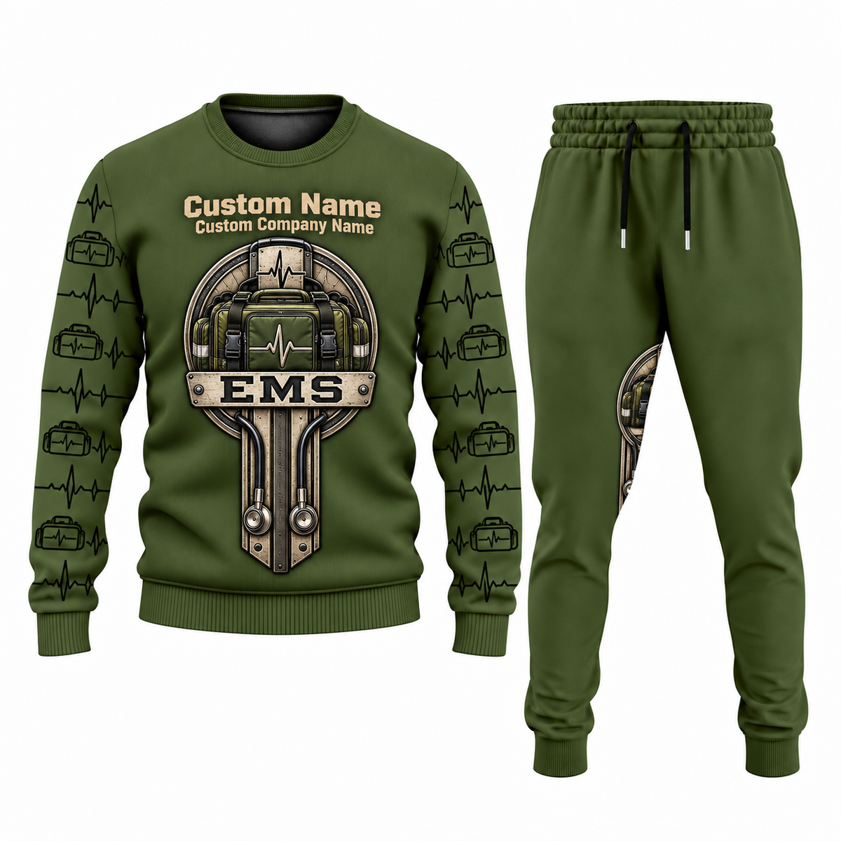 EMS Central Emblem sweater and jogger combo, olive view with name and company artwork
