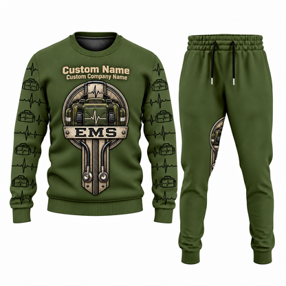 EMS Central Emblem sweater and jogger combo, olive view with name and company artwork