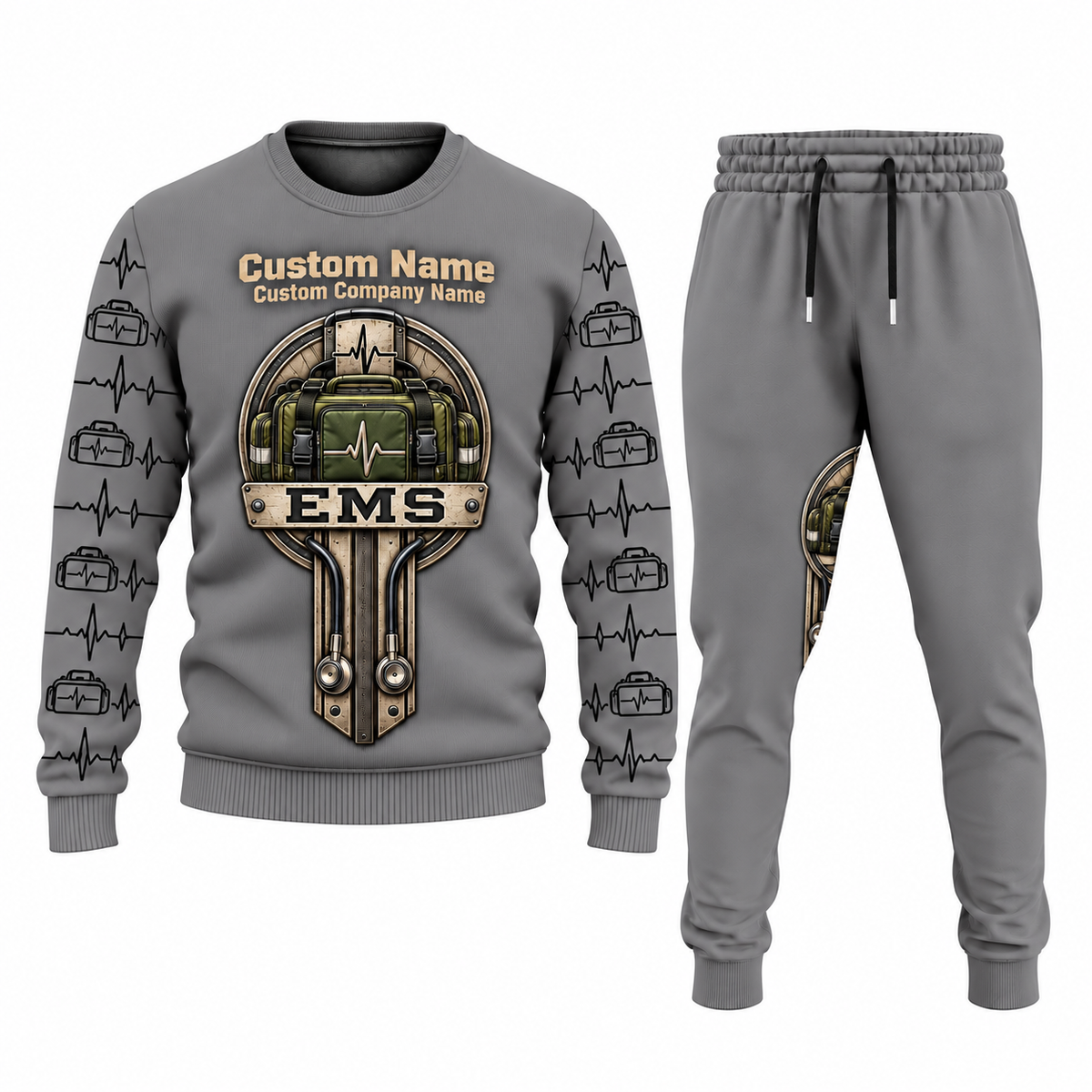 EMS Central Emblem sweater and jogger combo, gray view with name and company artwork