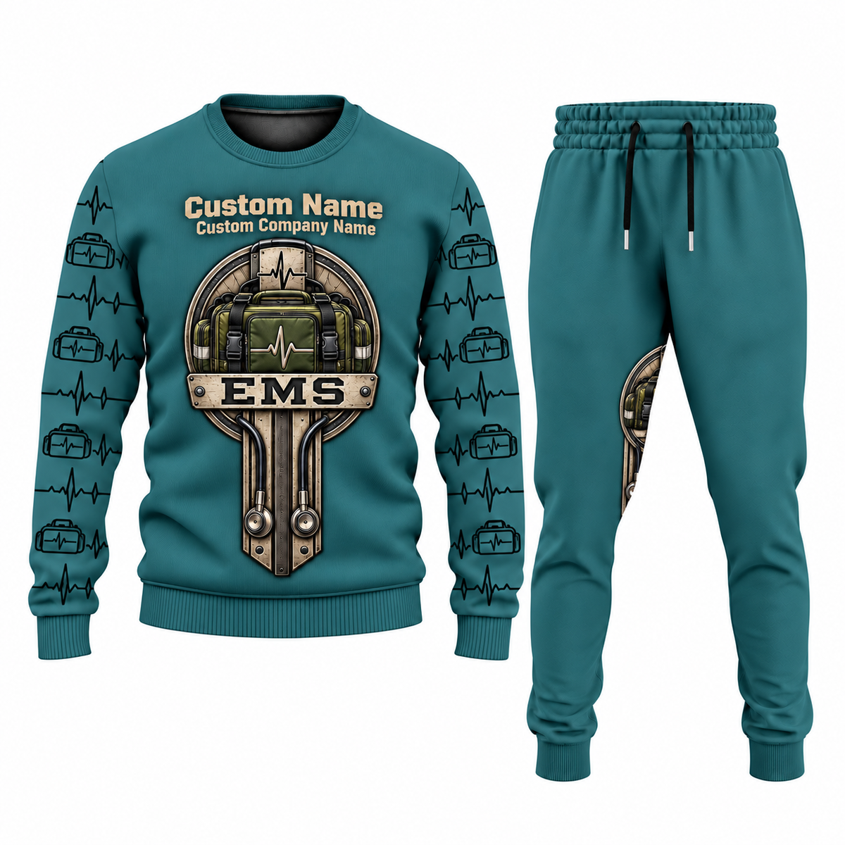 EMS Central Emblem sweater and jogger combo, teal view with name and company artwork
