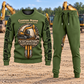 Excavator Operator Central Emblem sweater and jogger combo, hero view with name and company artwork