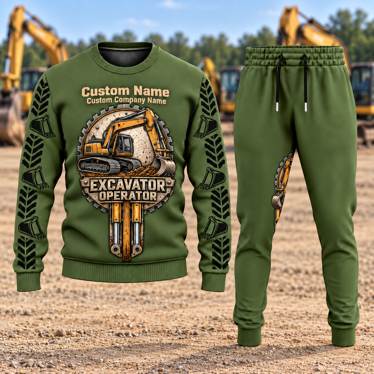 Excavator Operator Central Emblem sweater and jogger combo, hero view with name and company artwork