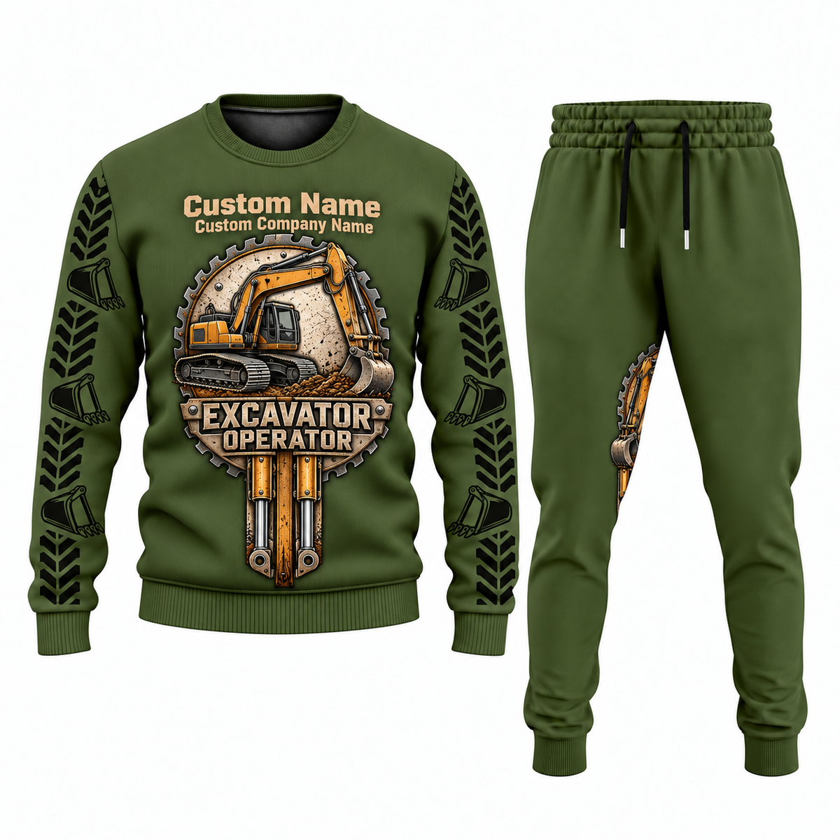 Excavator Operator Central Emblem sweater and jogger combo, olive view with name and company artwork