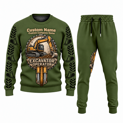Excavator Operator Central Emblem sweater and jogger combo, olive view with name and company artwork