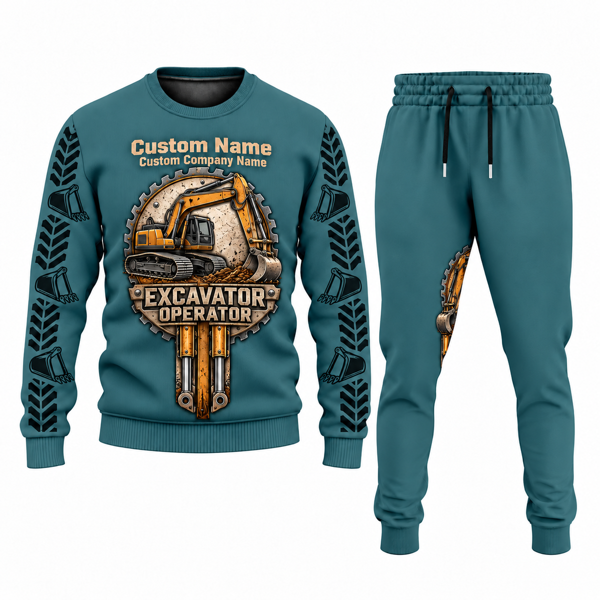 Excavator Operator Central Emblem sweater and jogger combo, teal view with name and company artwork