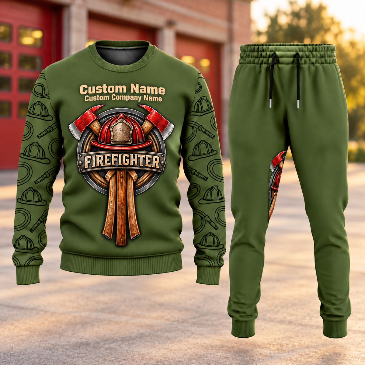 Firefighter Central Emblem sweater and jogger combo, hero view with name and company artwork