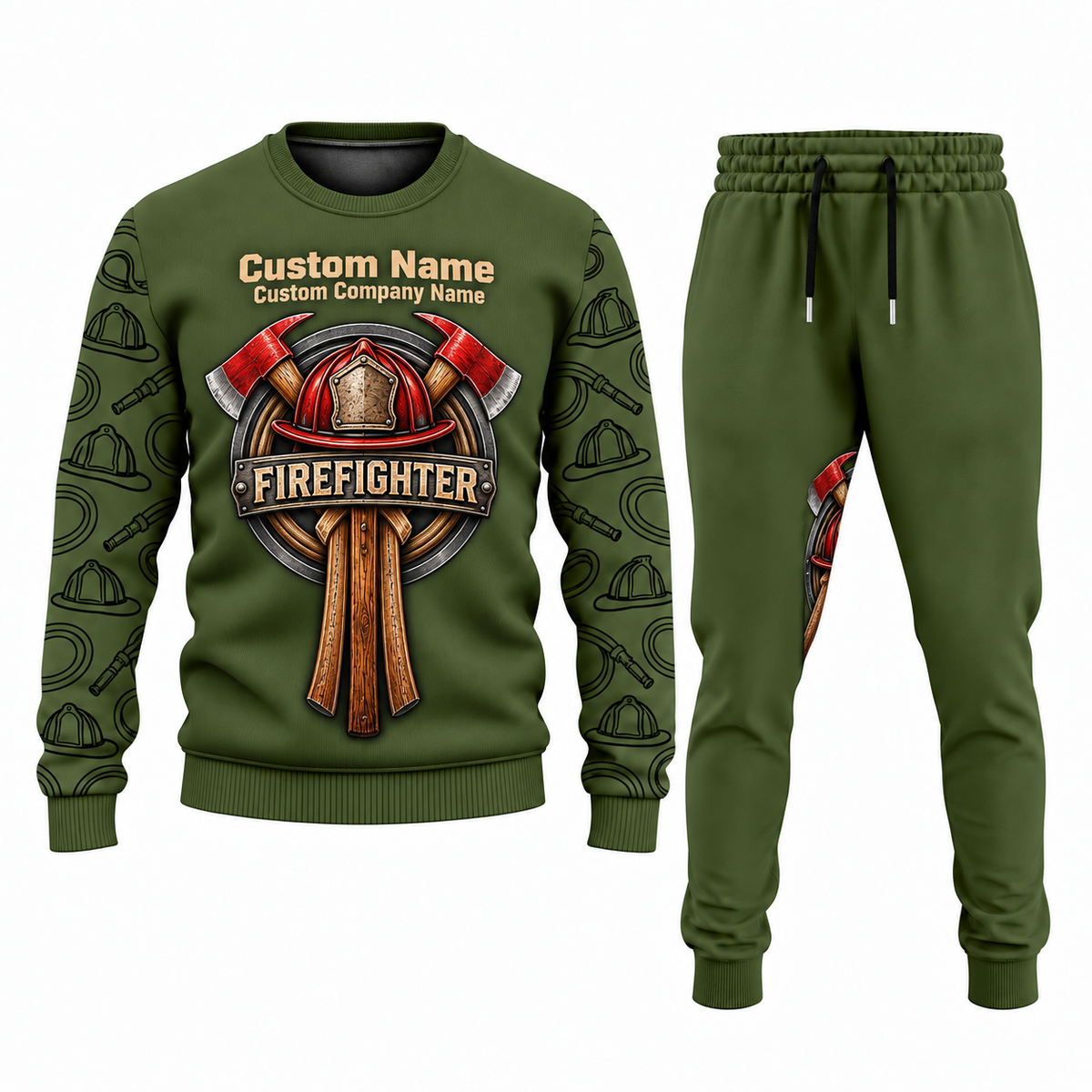 Firefighter Central Emblem sweater and jogger combo, olive view with name and company artwork
