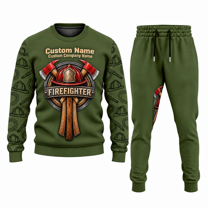 Firefighter Central Emblem sweater and jogger combo, olive view with name and company artwork
