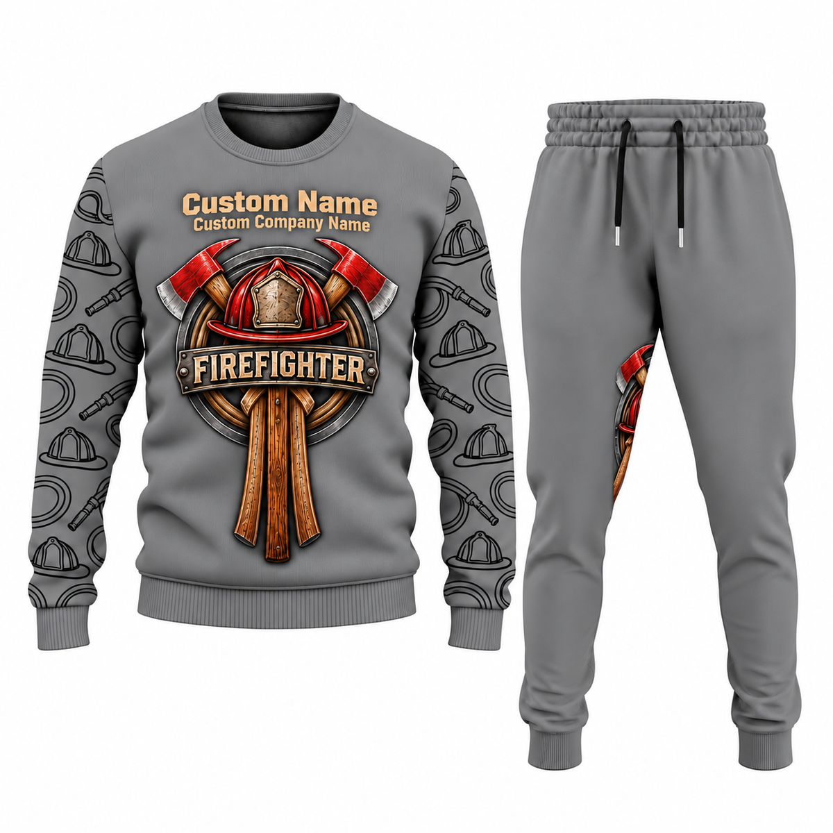 Firefighter Central Emblem sweater and jogger combo, gray view with name and company artwork
