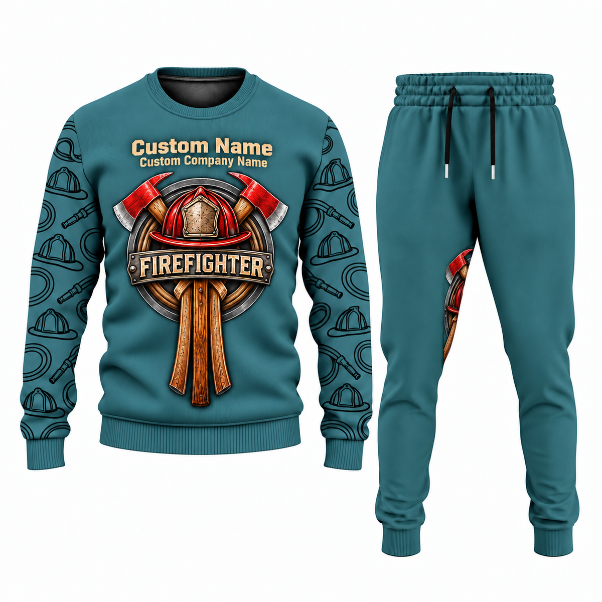 Firefighter Central Emblem sweater and jogger combo, teal view with name and company artwork