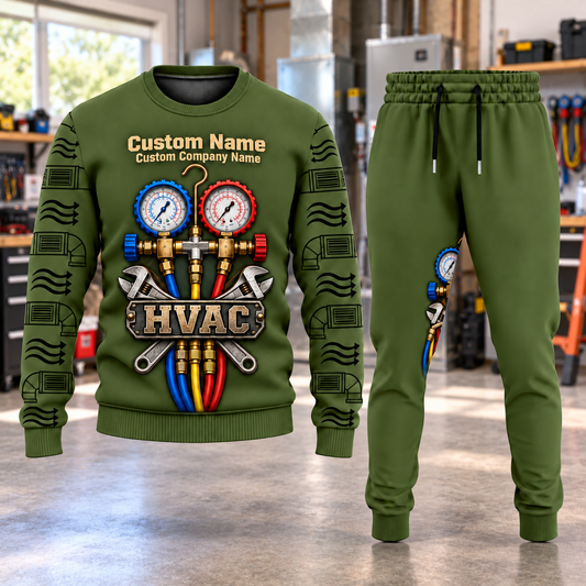 HVAC Central Emblem sweater and jogger combo, hero view with name and company artwork