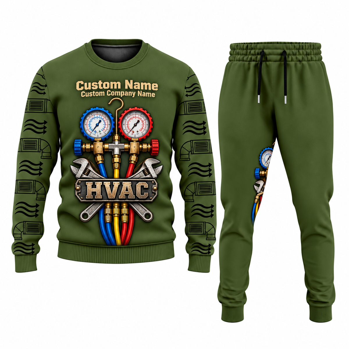 HVAC Central Emblem sweater and jogger combo, olive view with name and company artwork