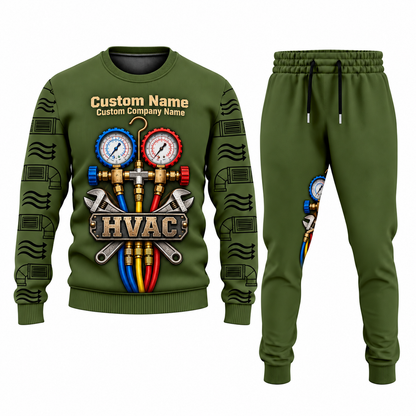HVAC Central Emblem sweater and jogger combo, olive view with name and company artwork