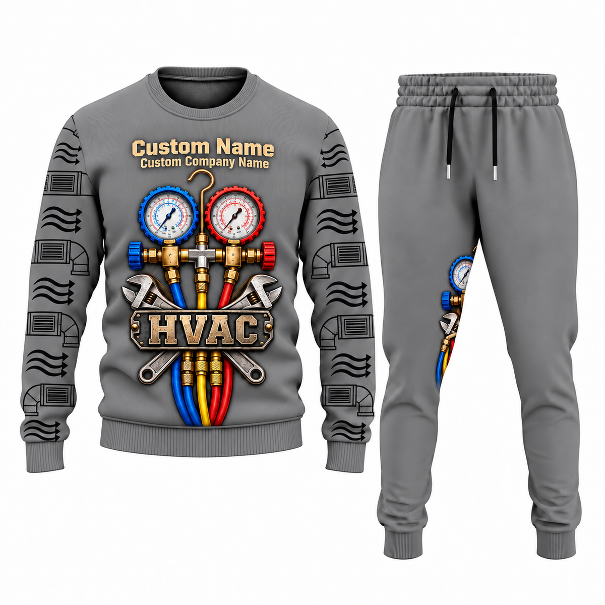 HVAC Central Emblem sweater and jogger combo, gray view with name and company artwork